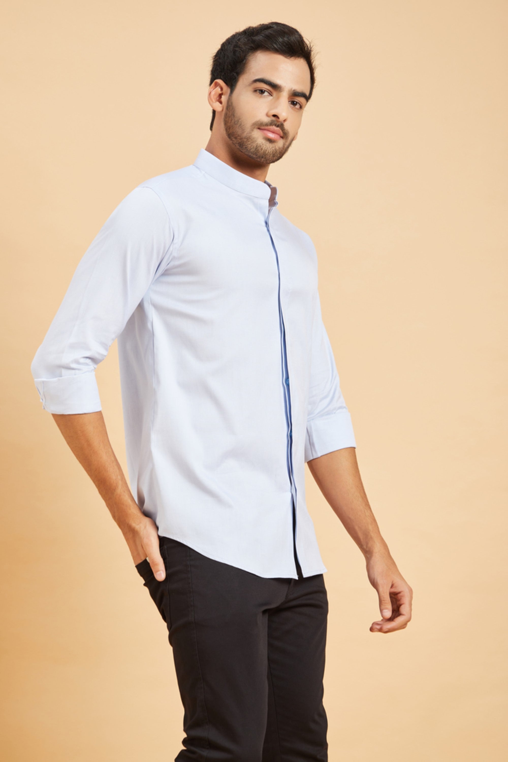 Men's Sky Blue Color Skii Chinese Collar Shirt Full Sleeves Casual Shirt