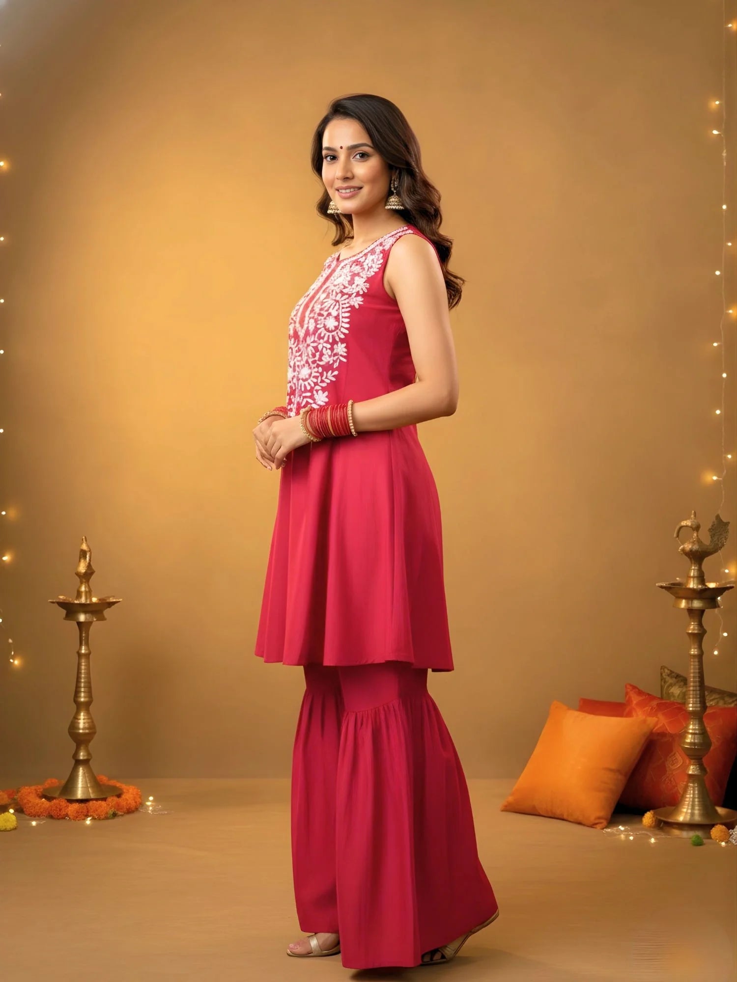 Women's Red silk Flared Sharara Set