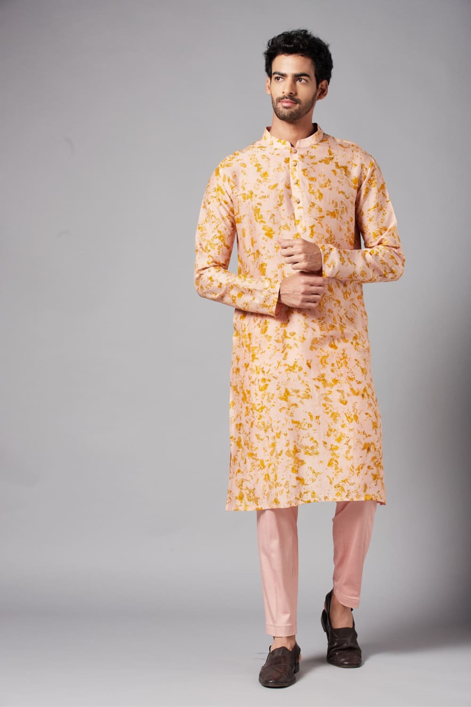 Men's Peachy Natural Dye Kurta With Crop Pants Coord Set Of Marigold Flowers