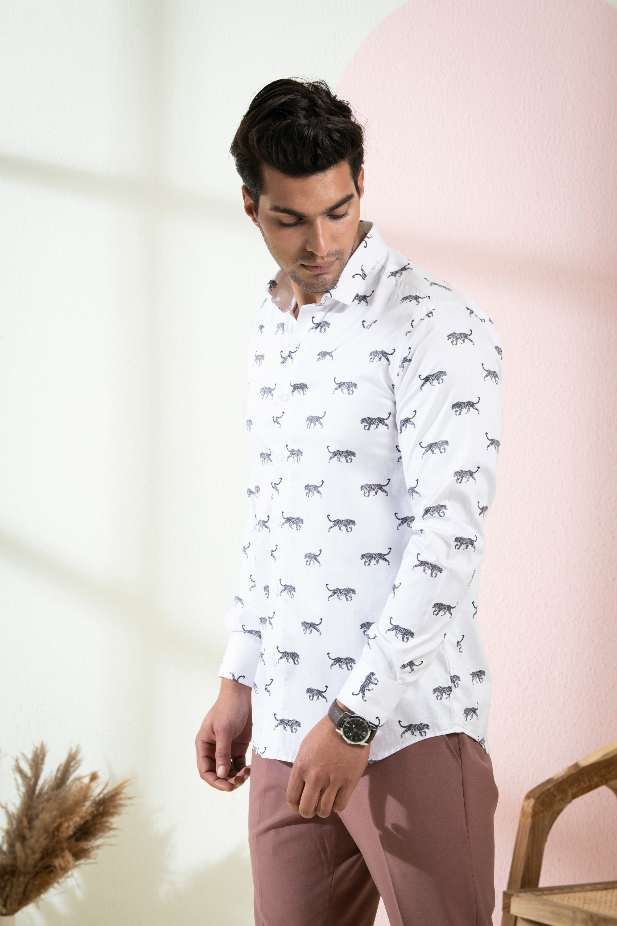 Men's White Color Feline Full Sleeves Shirt