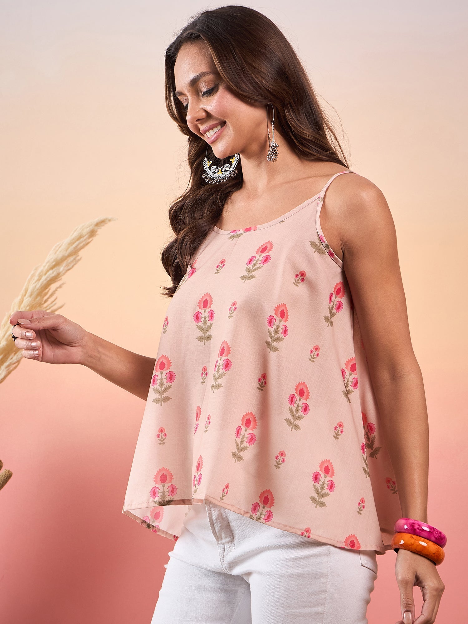 Women's Light Peach Floral Strappe Flare Top