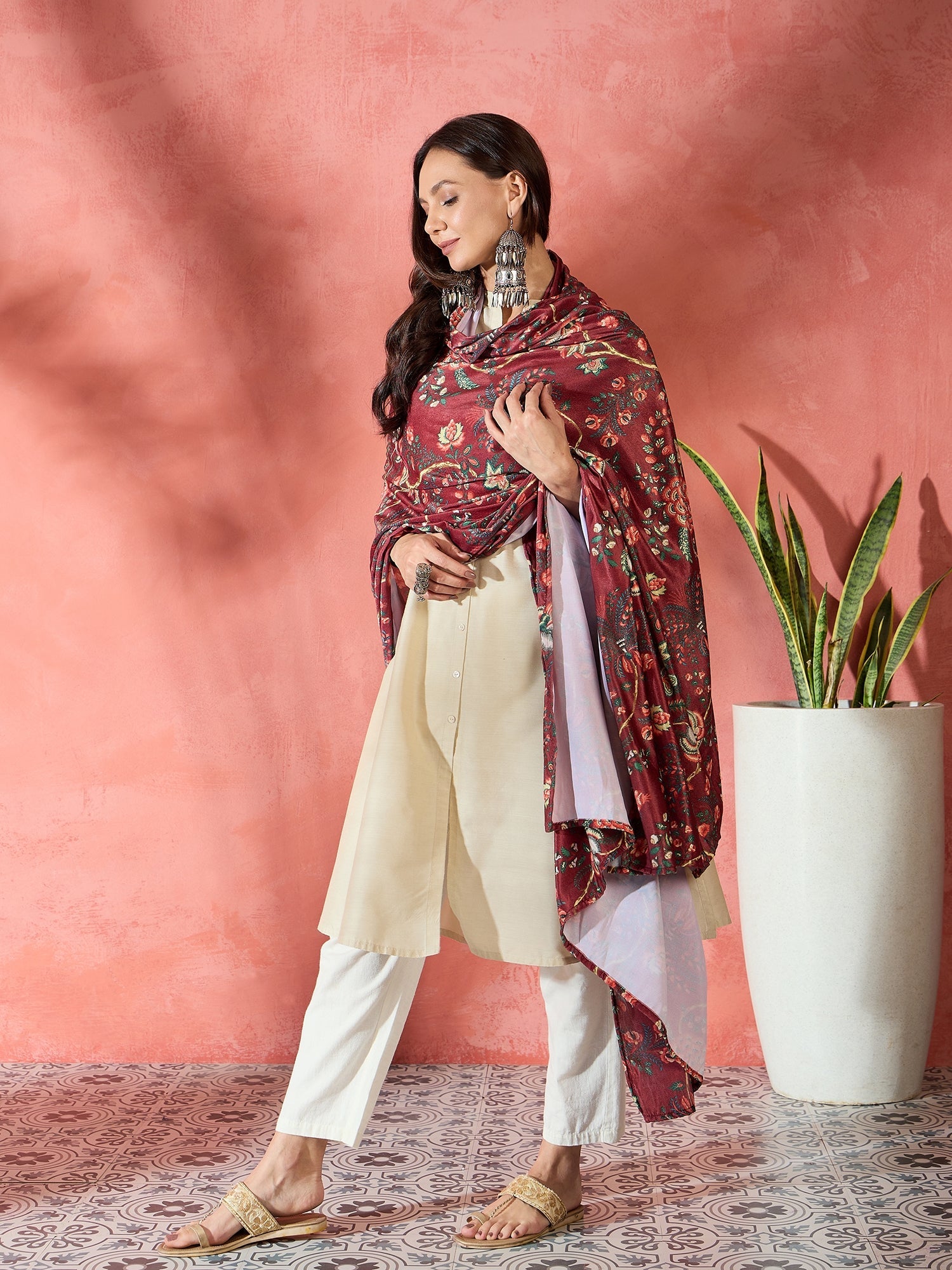 Women's Maroon Printed Velvet Shawl