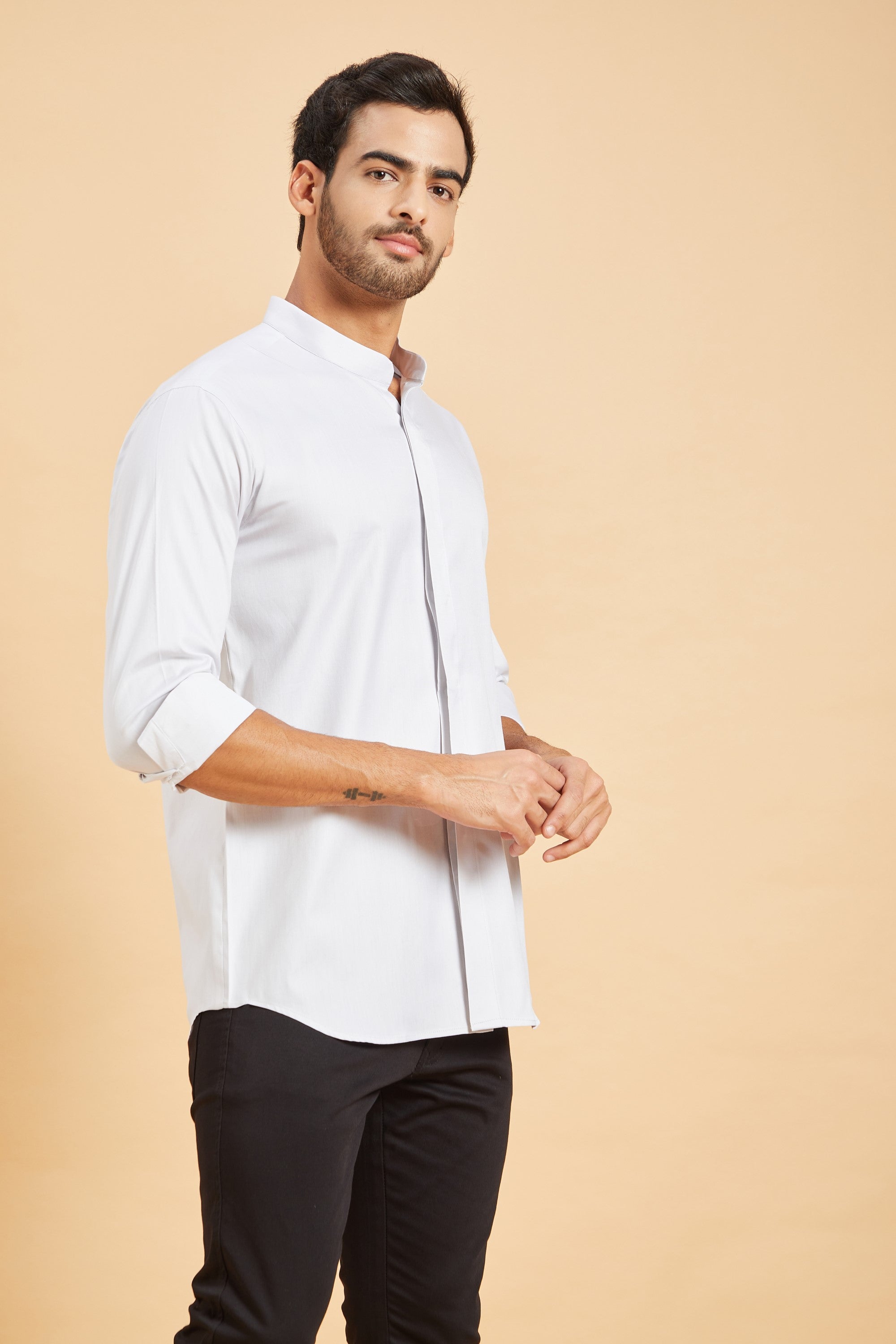 Men's Grey Color Jejune Chinese Collar Shirt Full Sleeves Casual Shirt
