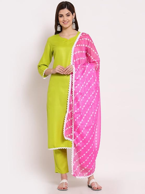 Women's Parrot Green Color Cotton Silk Blend Kurti Pant With Lehariya ...