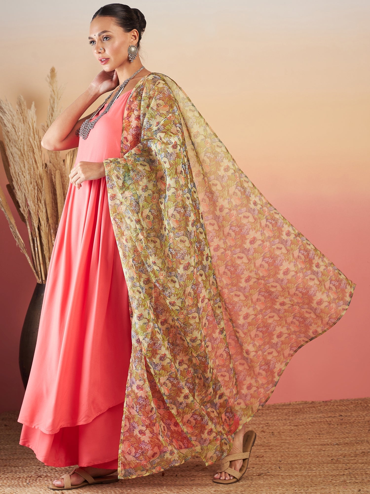 Women's DARK PEACH STRAPPY W OLIVE LIBERTY PRINT ORGANZA DUPATTA SET