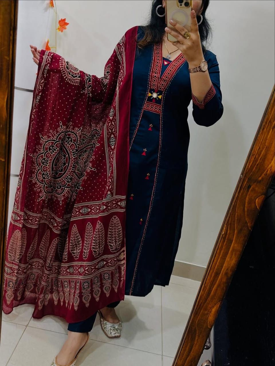 Women's Floral Embroidered Navy Blue Pure Cotton Kurta Set With Trouser & Printed Dupatta