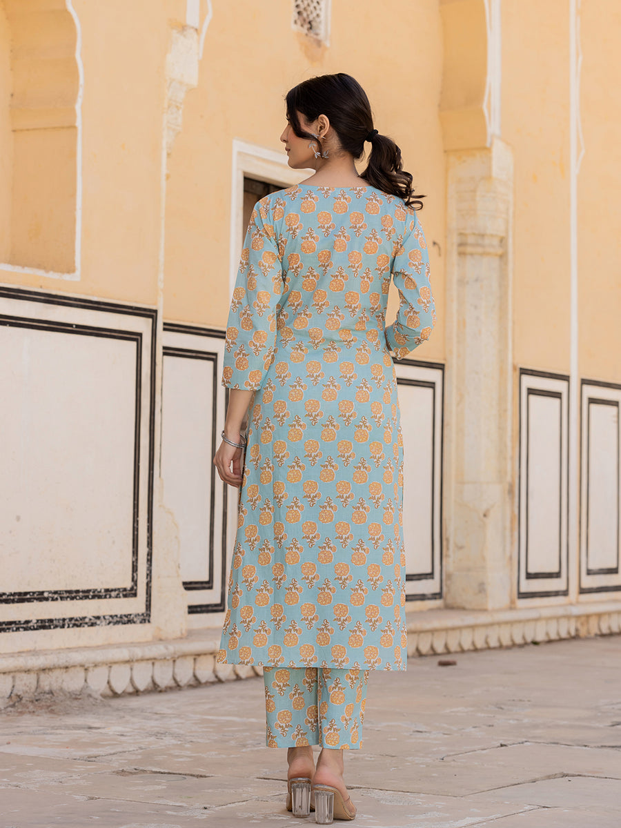 Blue Floral Sequined Straight Chiffon Kurta