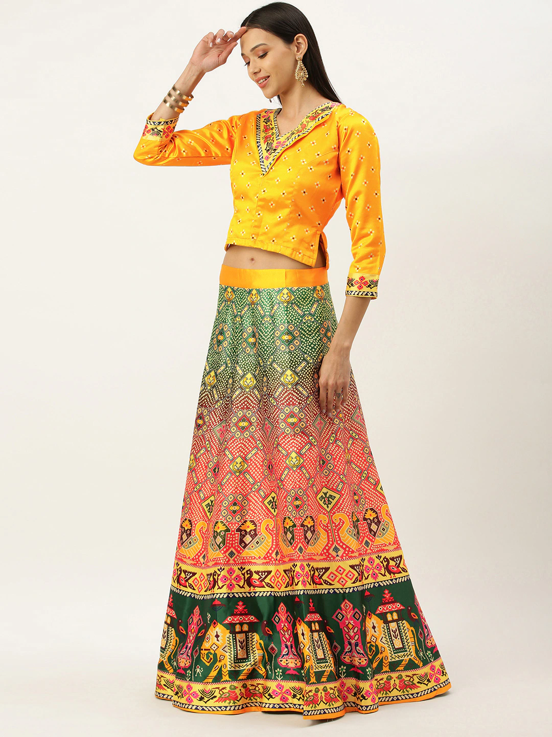 Women's Bandhni Patola Type Digital Print Shiney Satin Croptop Lehenga Choli With Unstitched Blouse