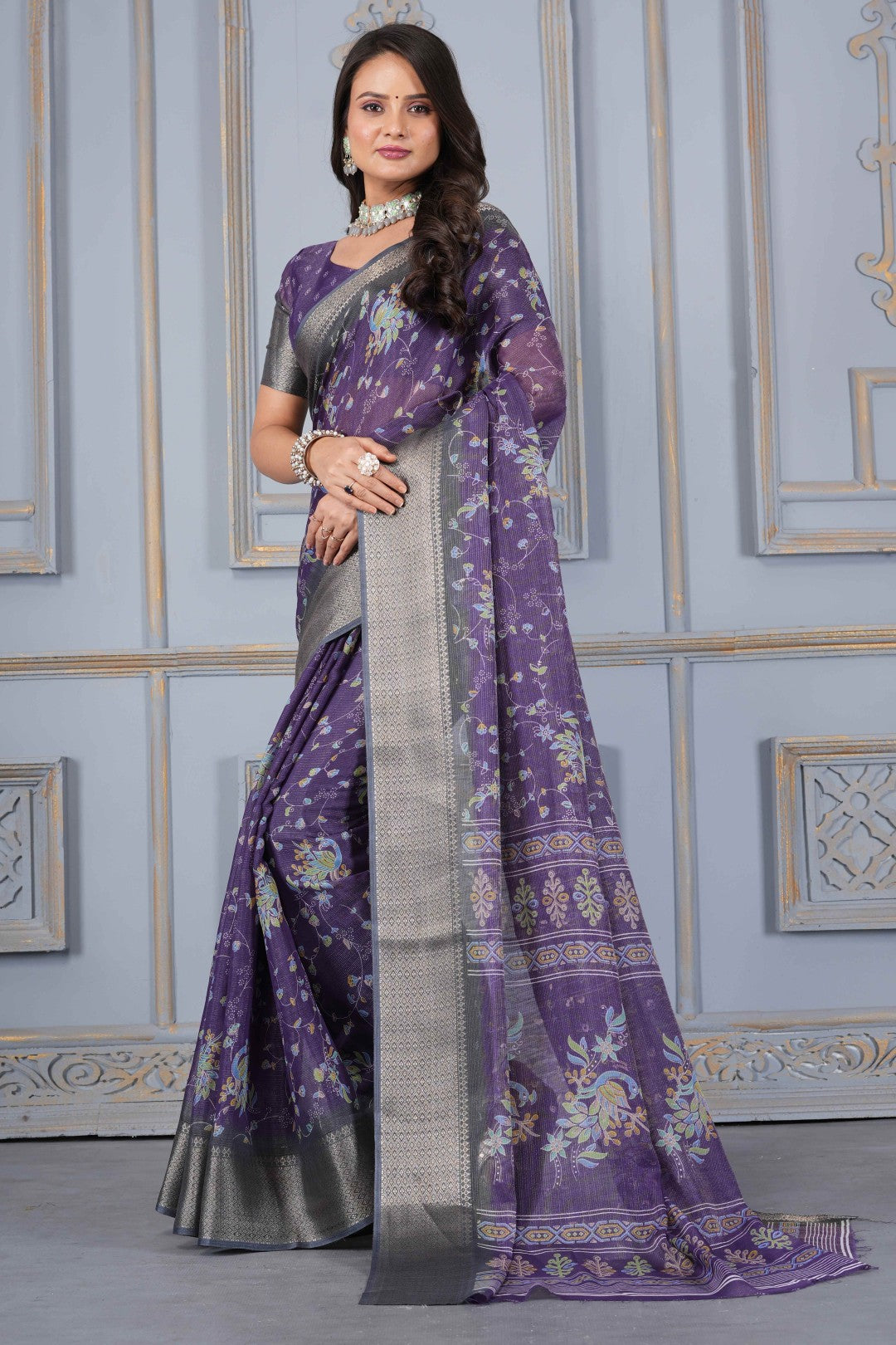 Women's Purple Slub Silk Zari Saree
