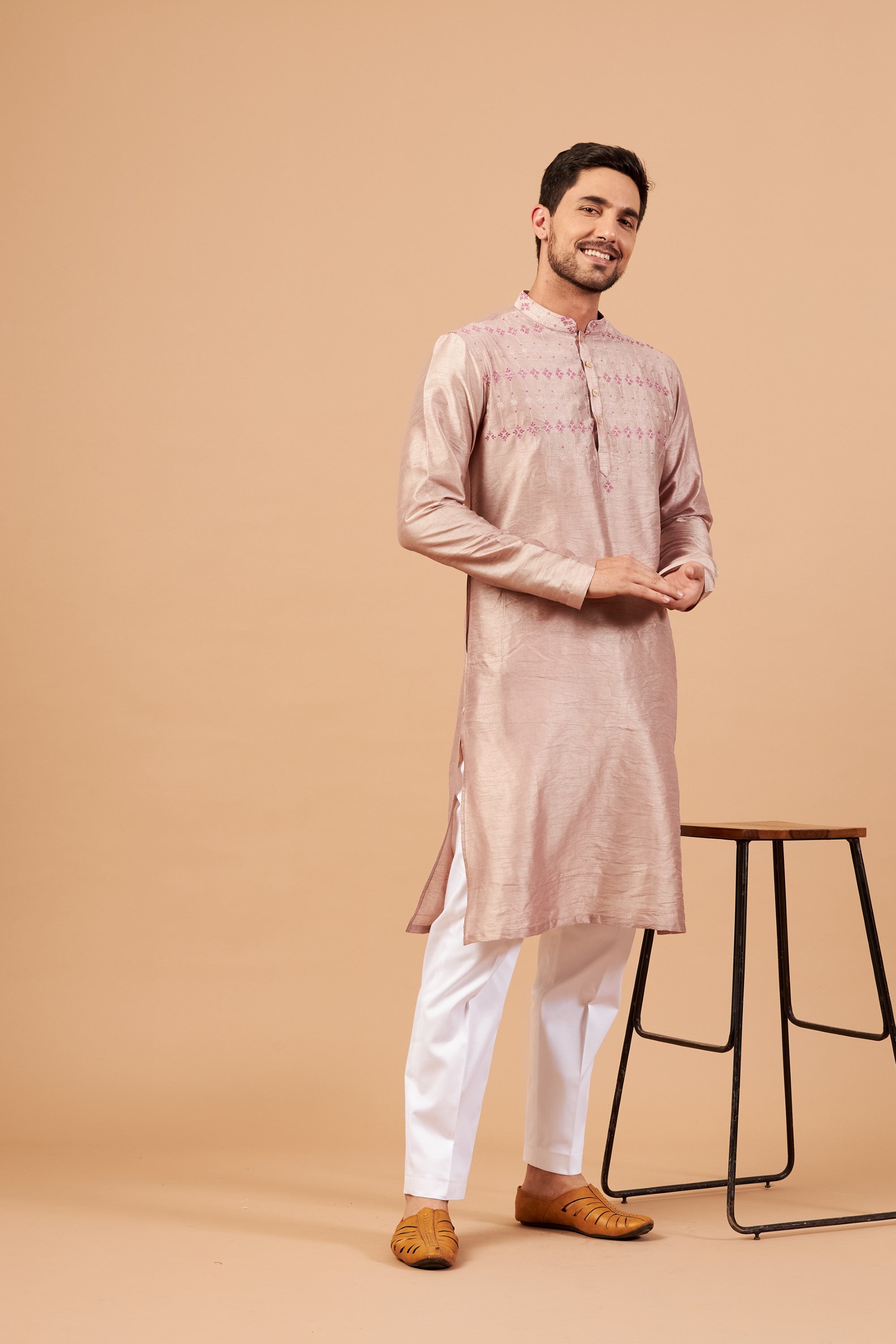 Men's Beige Brown Color Florne Floral Geometric Embroidered Kurta Semi Raw Silk Mix