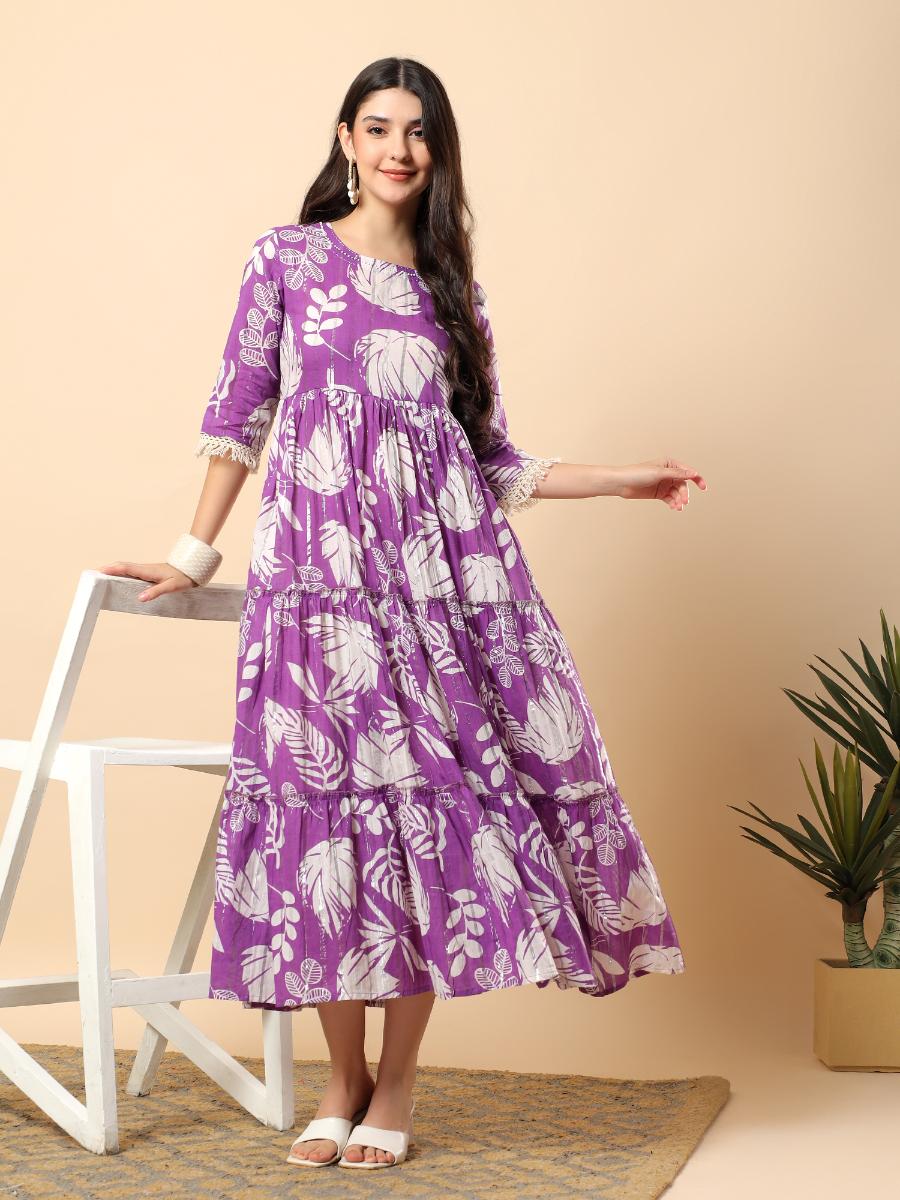 Women's Purple Cotton Lurex Printed & Hand Embroidery Work Long Dress, Purple / 34