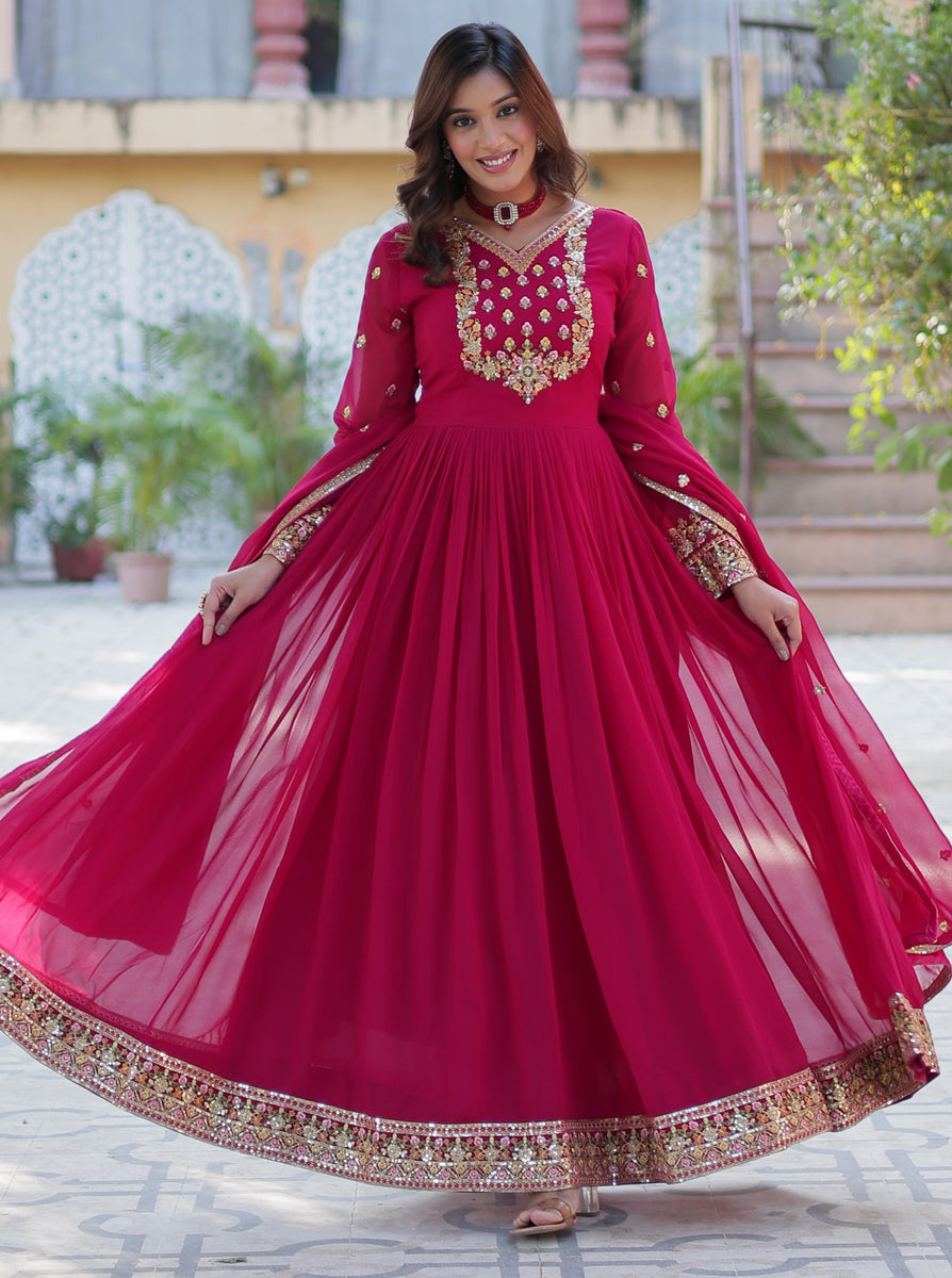 MAGENTA PINK PURE GEORGETTE GOWN WITH INTRICATE HANDWORK EMBROIDERY