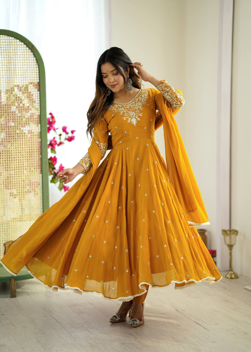 Women's Yellow Georgette Embroidery Anarkali Set Yellow / XXL | Trendia Global