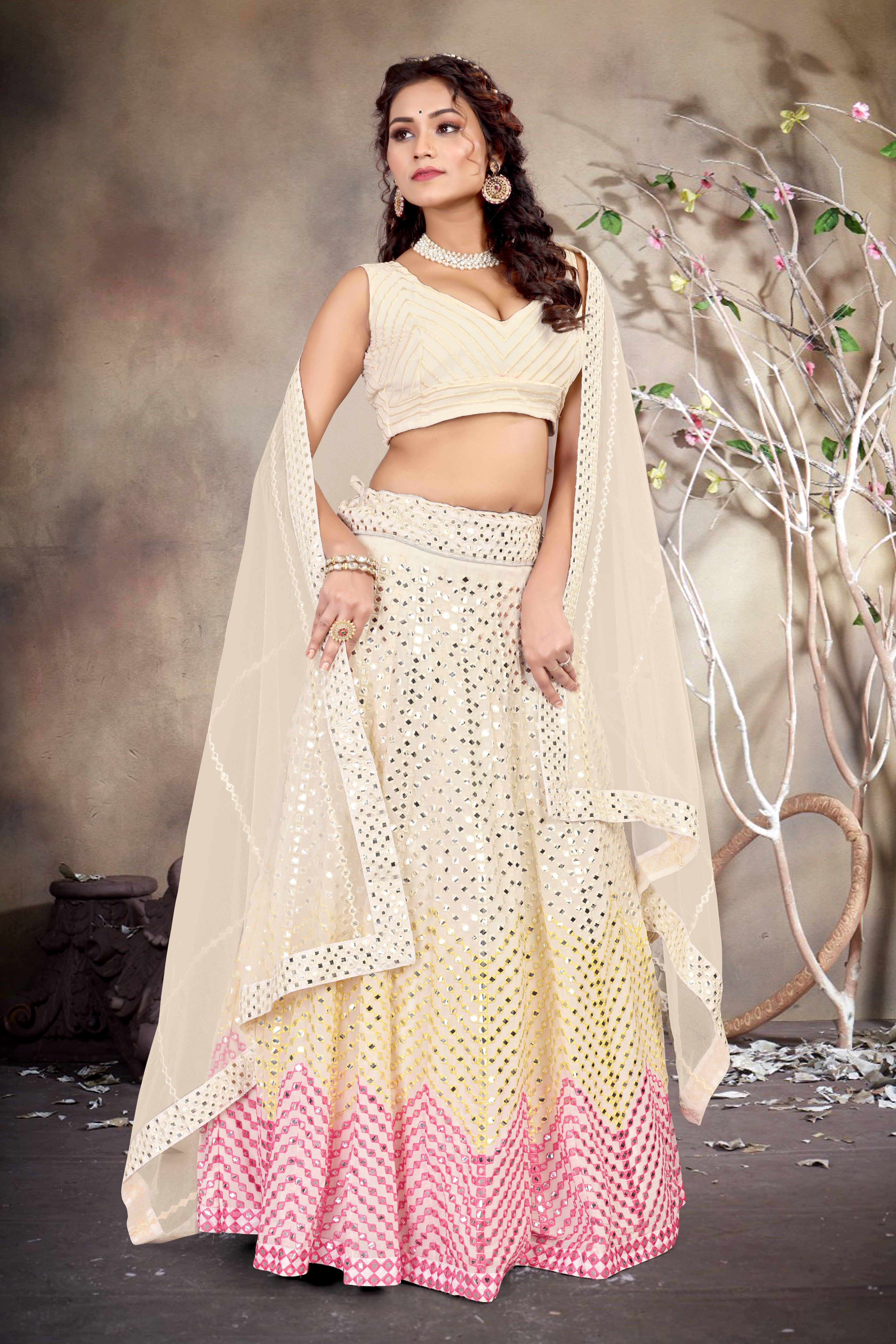 Women's Butter Cream Sequin With Thread Zari Embroidery Georgette Lehenga Choli With Dupatta (Semi-Stitched )