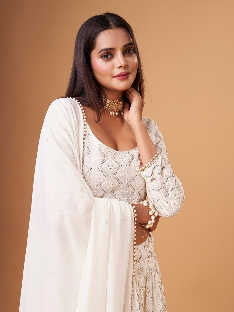 Women's White Faux Georgette Thread Embroidery Lehenga Set