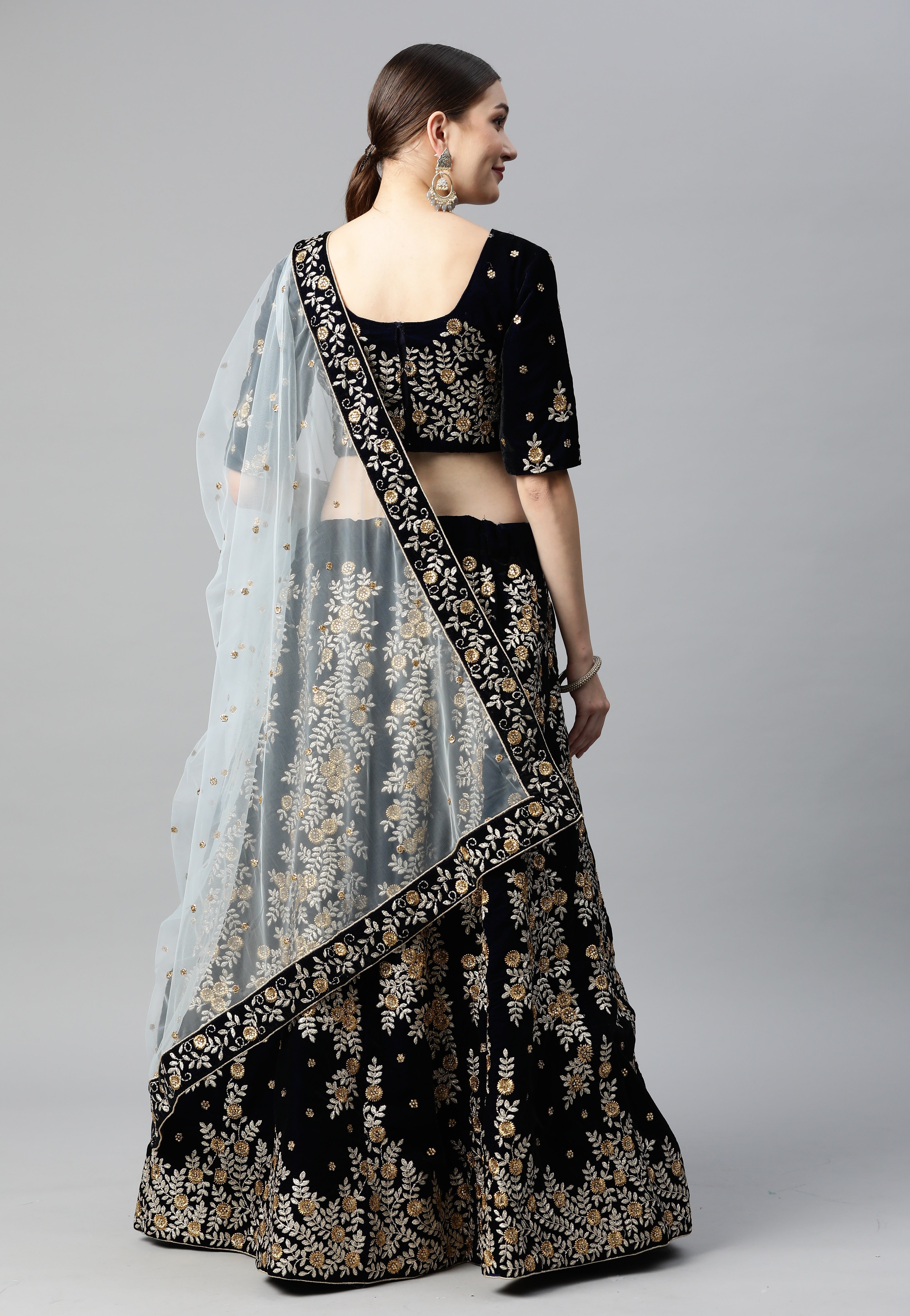 Women's Navy Blue Velvet Zari Work Lehenga Set