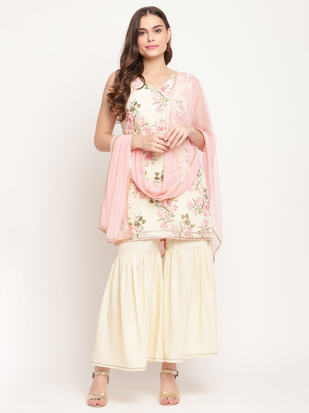 Women's Beige Crepe Digital Floral Print Kurta Sharara Set With Dupatt