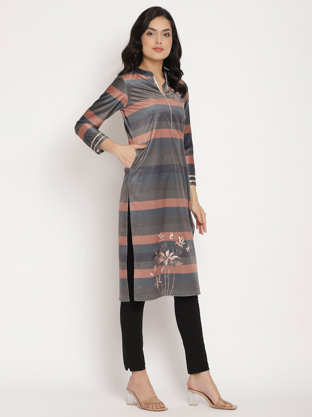 Women's Multi Color Stripe Digital Print Velvet Kurt