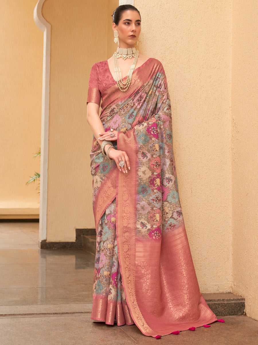 Women's Tussar Silk Navy Blue Printed Designer Saree With Blouse Piece