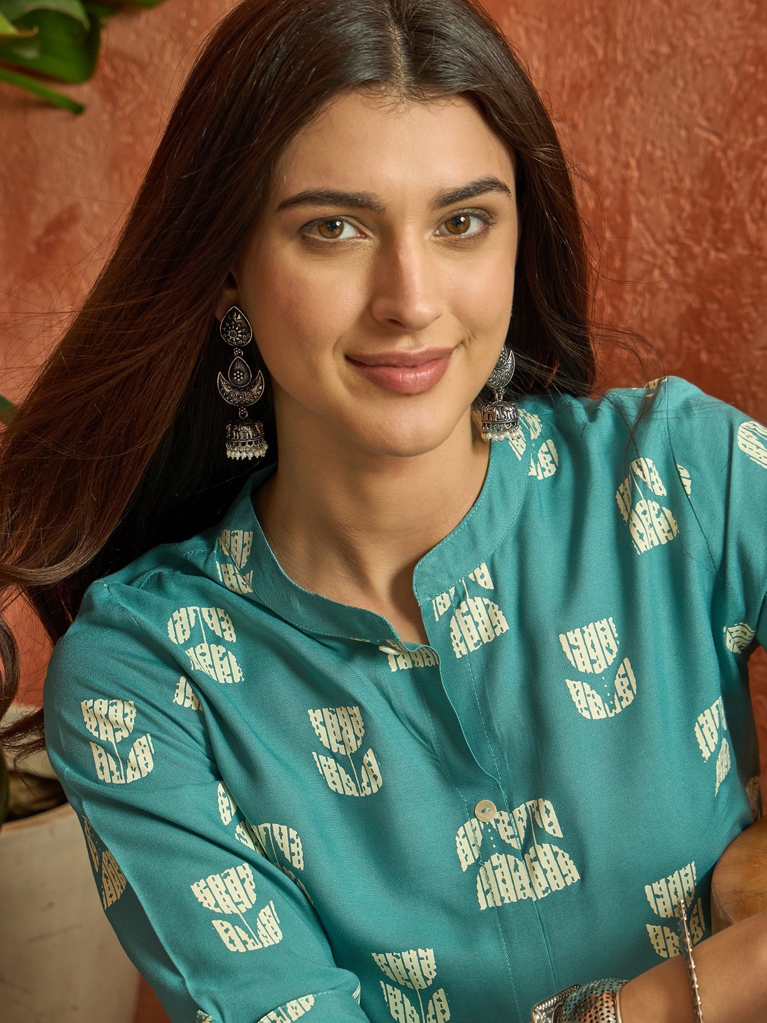 Women's Aqua Floral Printed Rayon A-Line Kurta