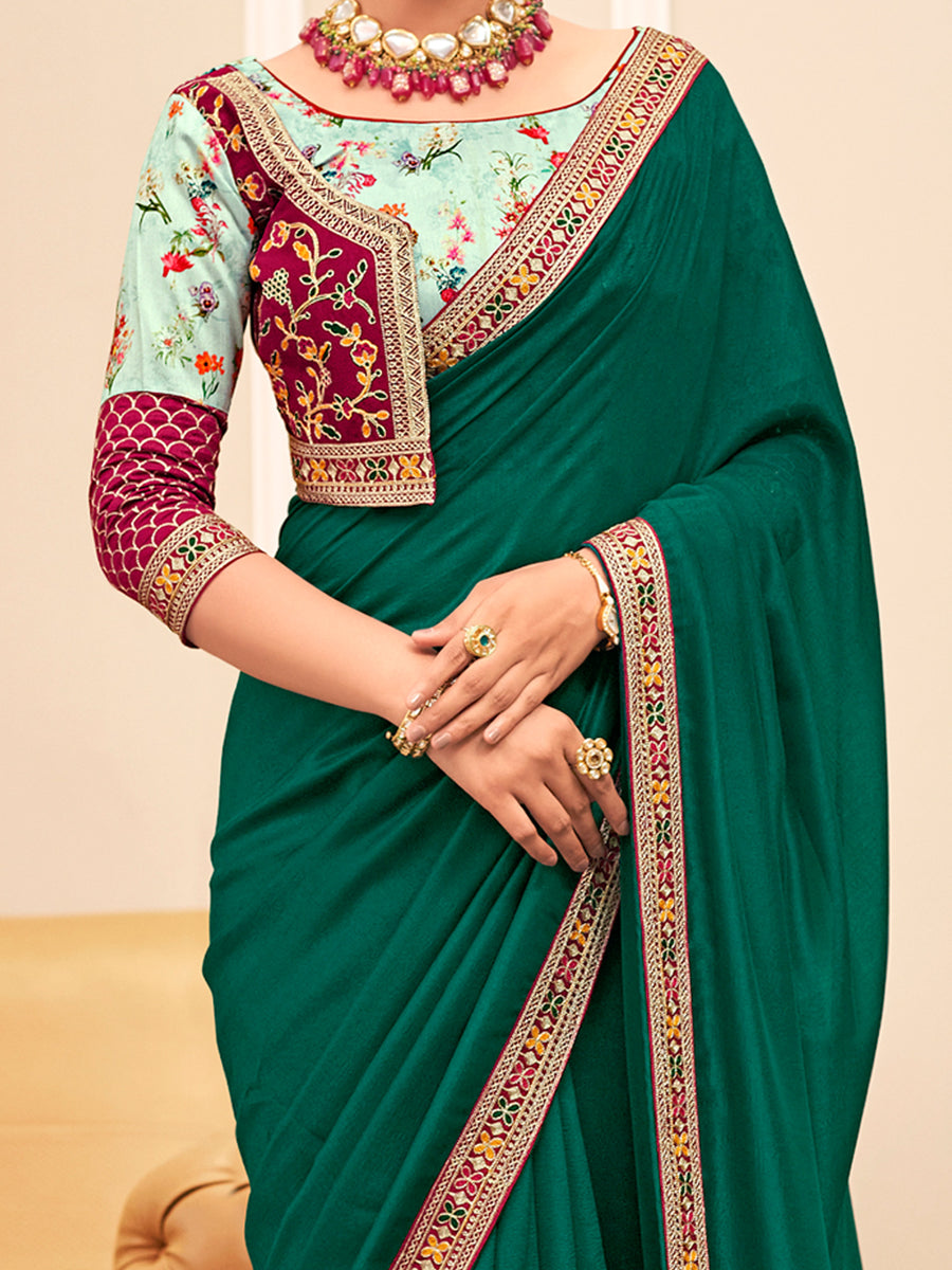 Women's Vichitra Silk Beige Embellished Designer Saree With Blouse Piece
