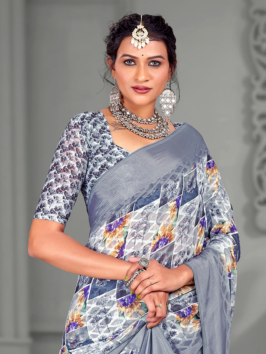Women's Organza Grey Digital Print Designer Saree With Blouse Piece