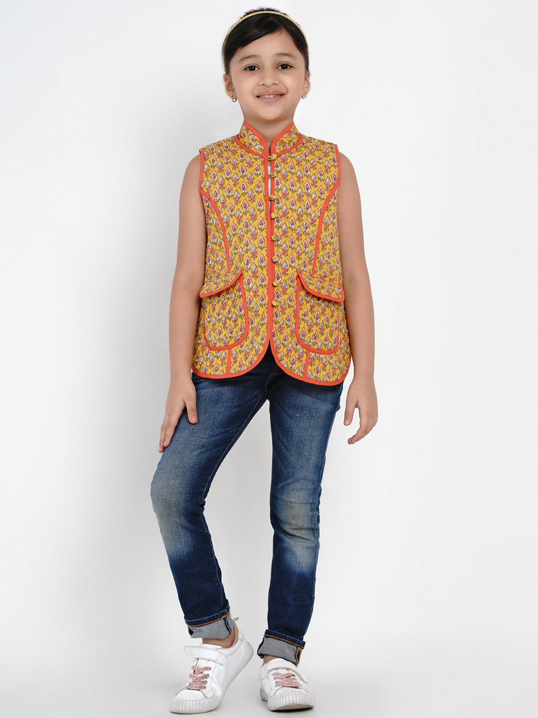 Girls Mustard Yellow Printed Tailored Jacket