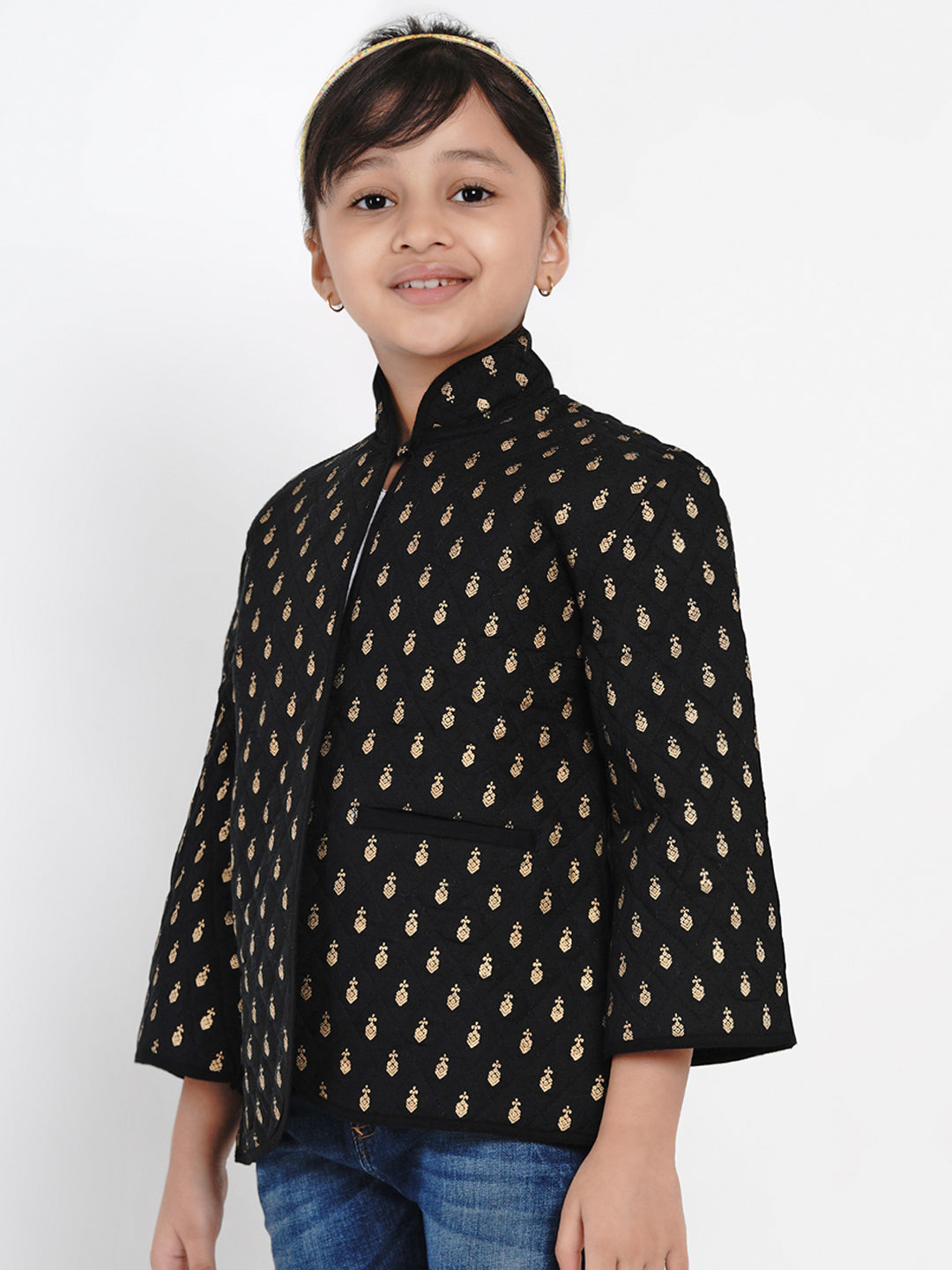 Girls Black & Gold Self Design Tailored Jacket
