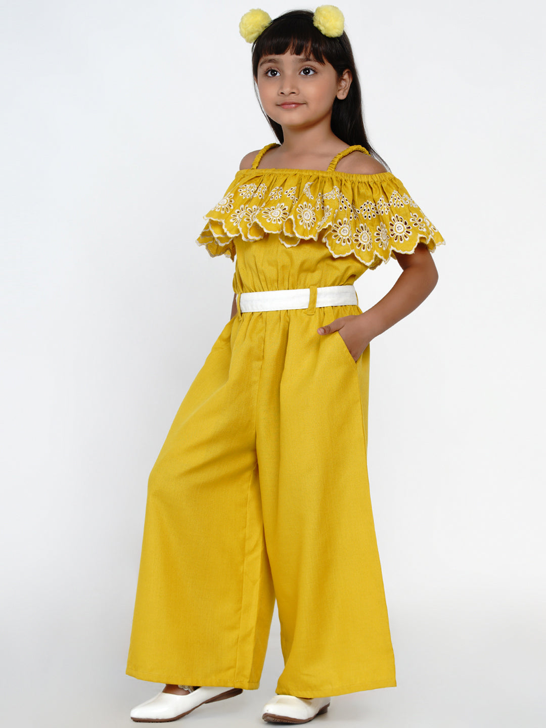 Girl's Mustard Cotton Ruffles Jumpsuit
