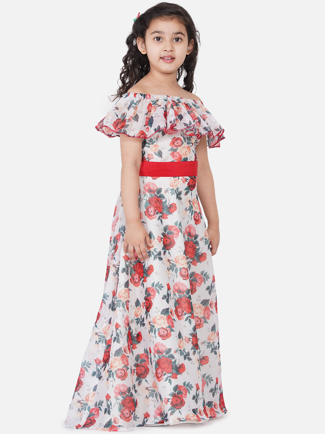 Girl's White Chanderi Floral Print Fit & Flare Gwon