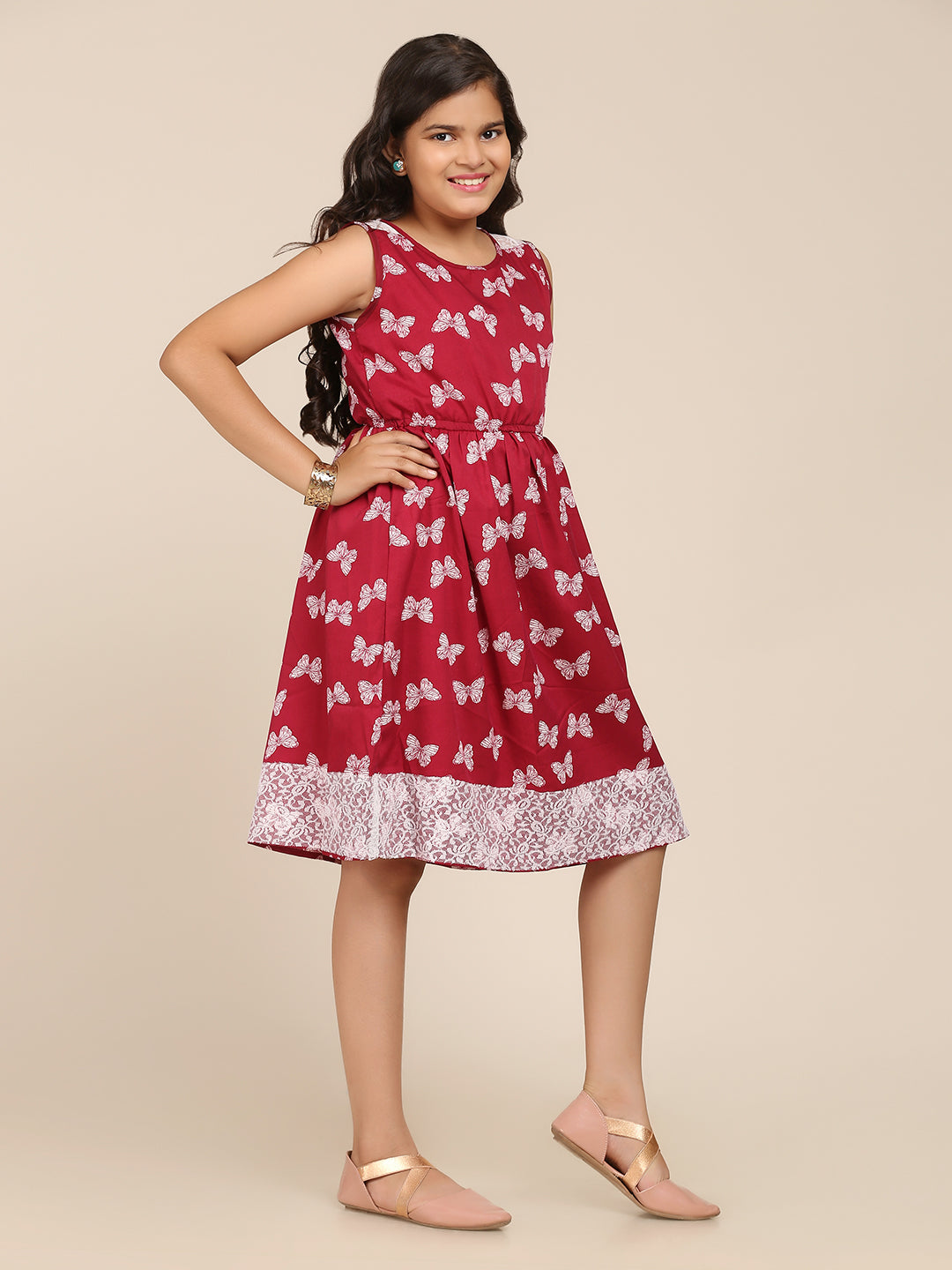 Girl's Maroon Digital Print Dress