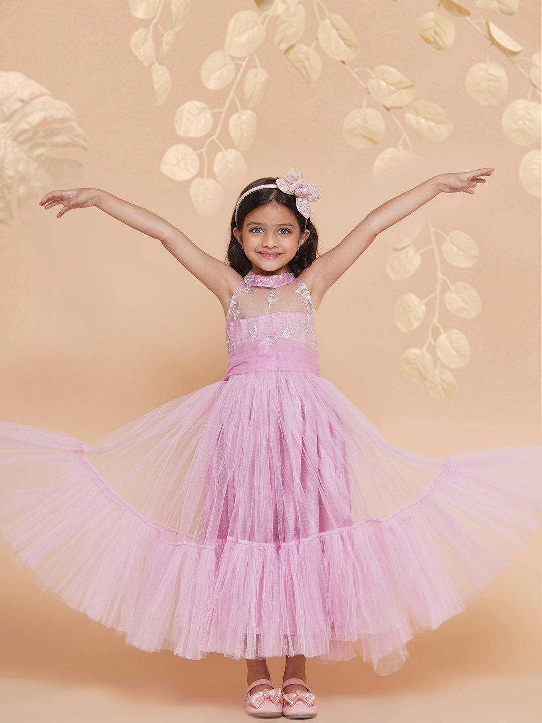 Girl's Pink Net Floral Embroidered Gown
