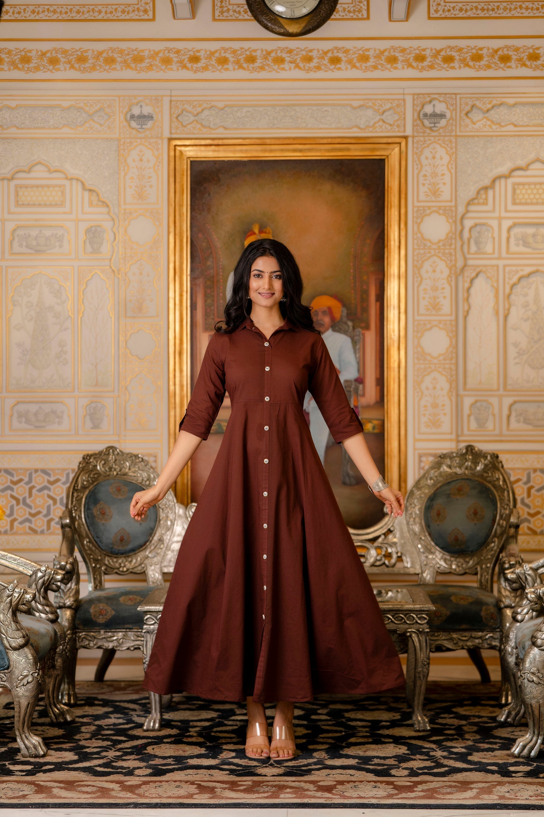 Women's Chocolate Brown Maxi Dress with Shirt Collar & 3/4 sleeves