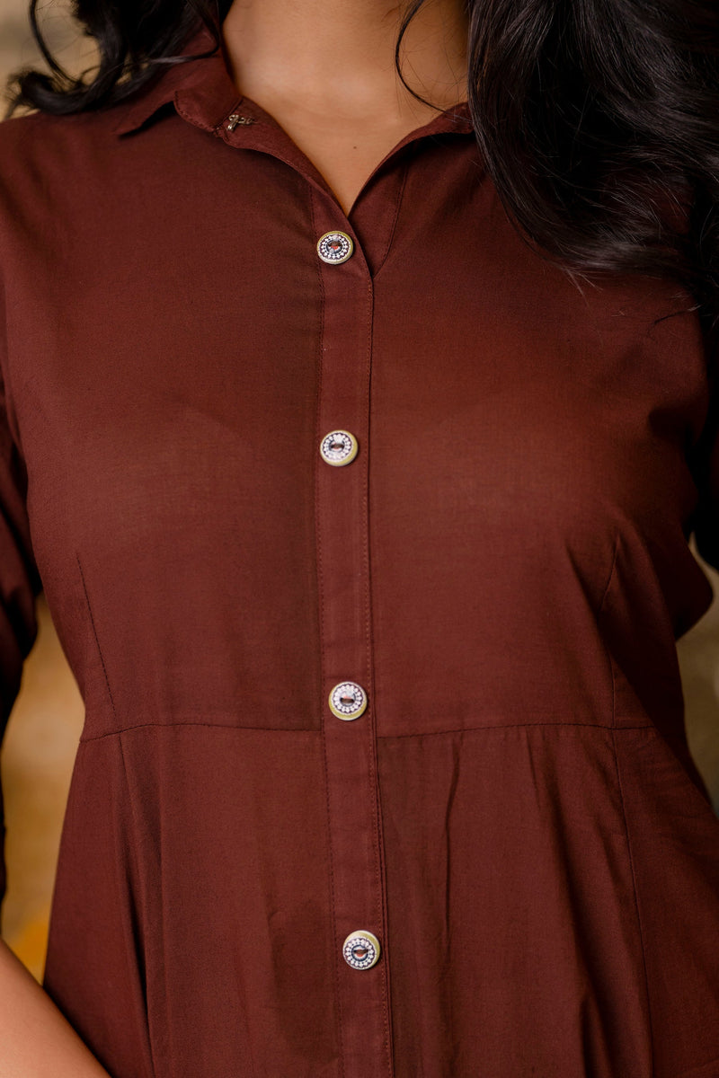 Women's Chocolate Brown Maxi Dress with Shirt Collar & 3/4 sleeves