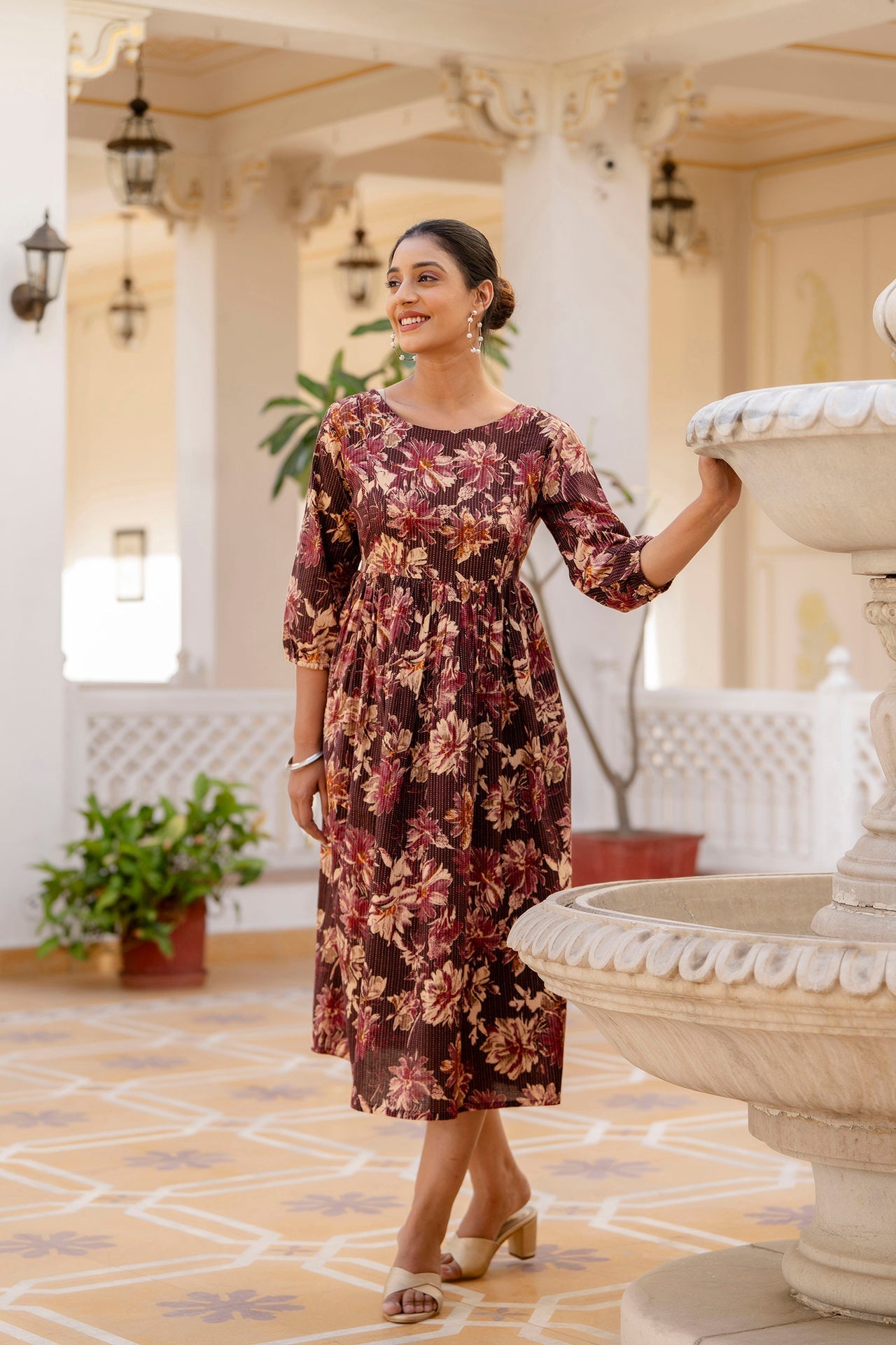 Women's Burgundy Cotton Floral Dress Burgundy / 2XL