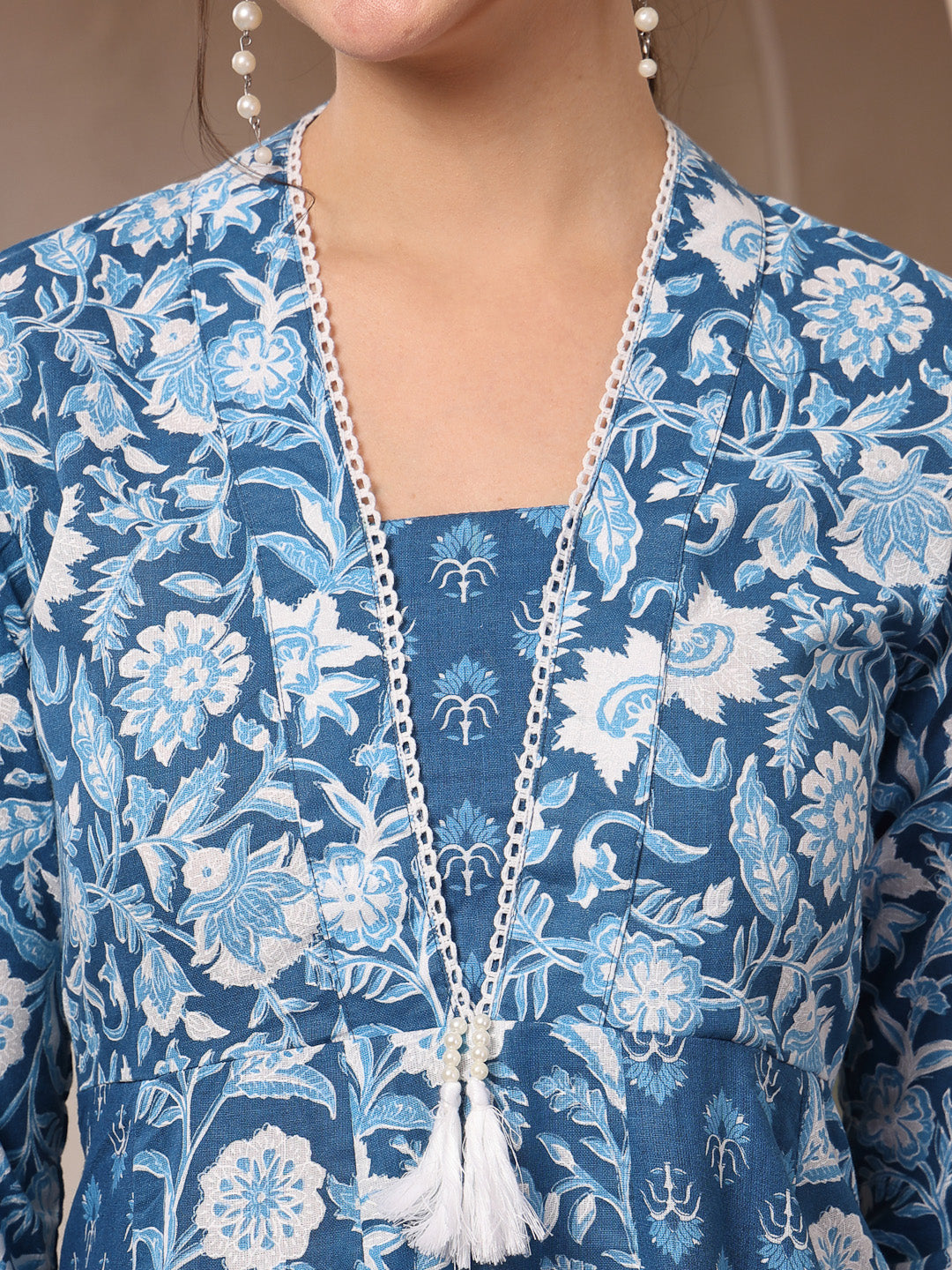 Women's Blue Floral Printed Cotton Flared Kurta