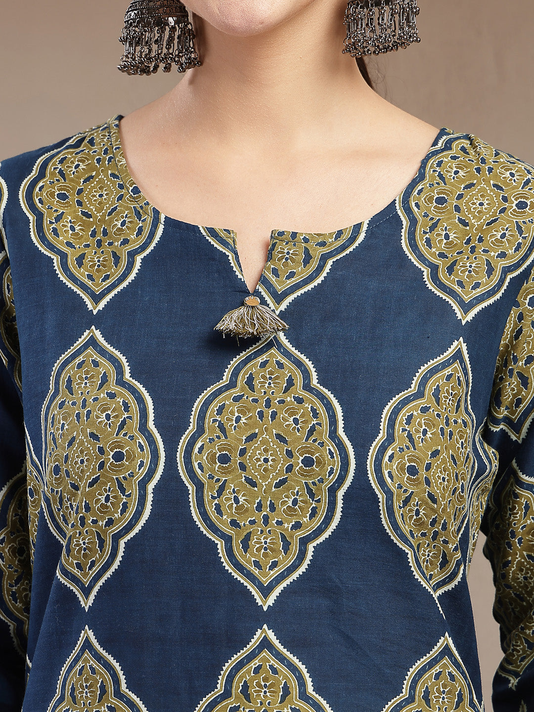 Women's Blue Ethnic Printed Cotton Straight Kurta