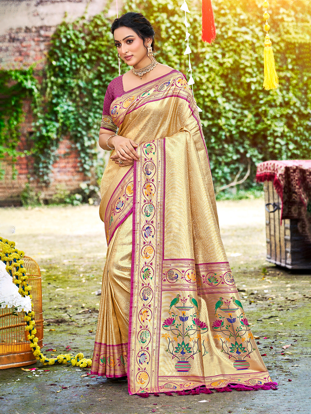 Women's Beige Silk Woven Work Traditional Saree