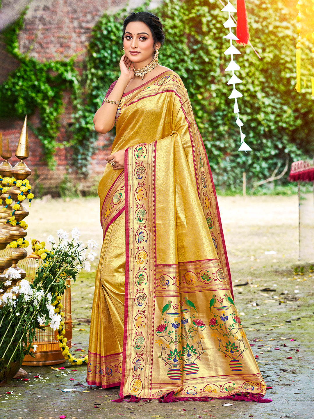 Women's Yellow Silk Woven Work Traditional Saree