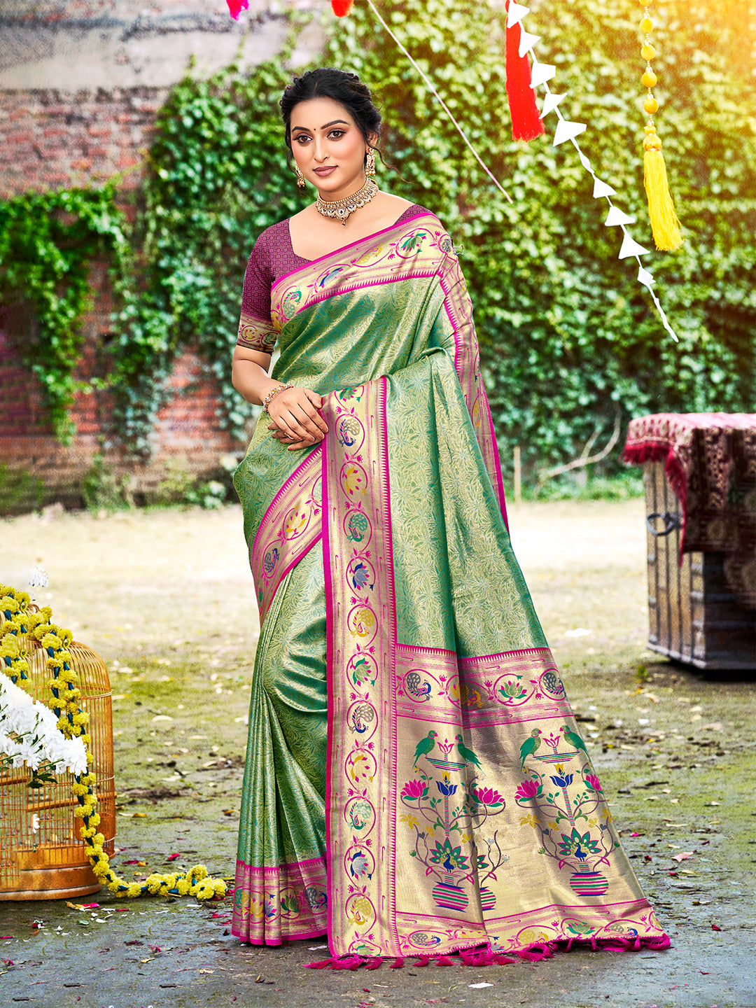Women's Dark Green Silk Woven Work Traditional Saree