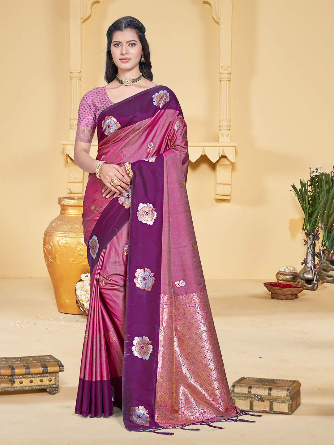 Women's Magenta Silk Woven Work Traditional Saree