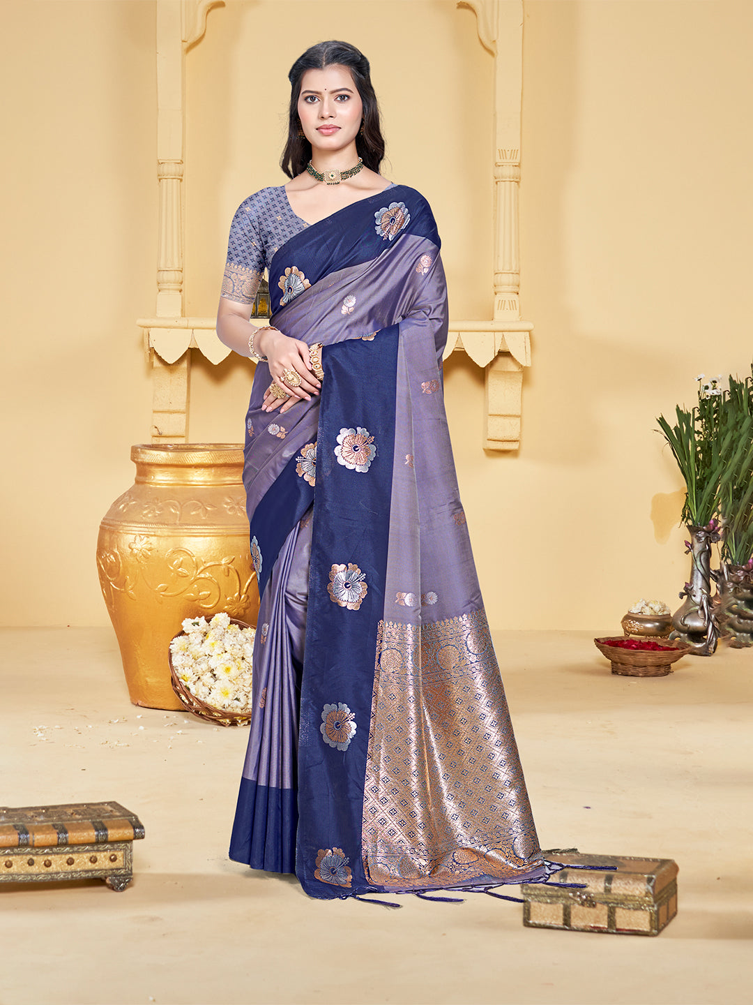 Women's Purple Silk Woven Work Traditional Saree