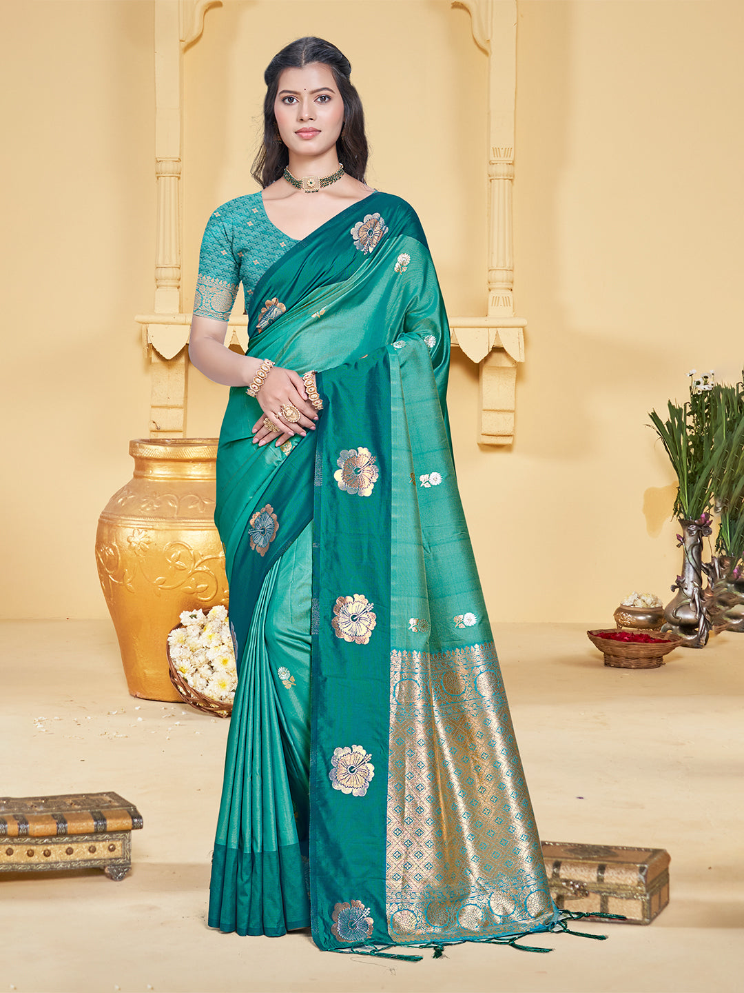 Women's Teal Blue Silk Woven Work Traditional Saree