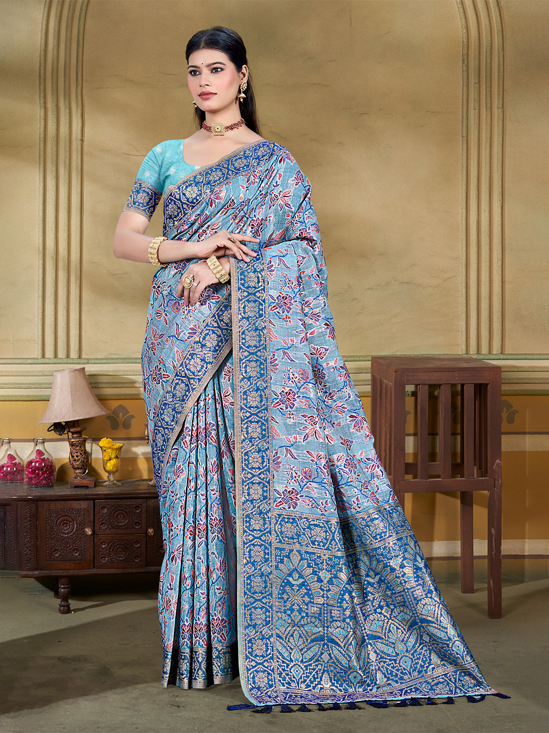 Women's Light Blue Cottan Silk With Meena Woven Work Traditional Saree