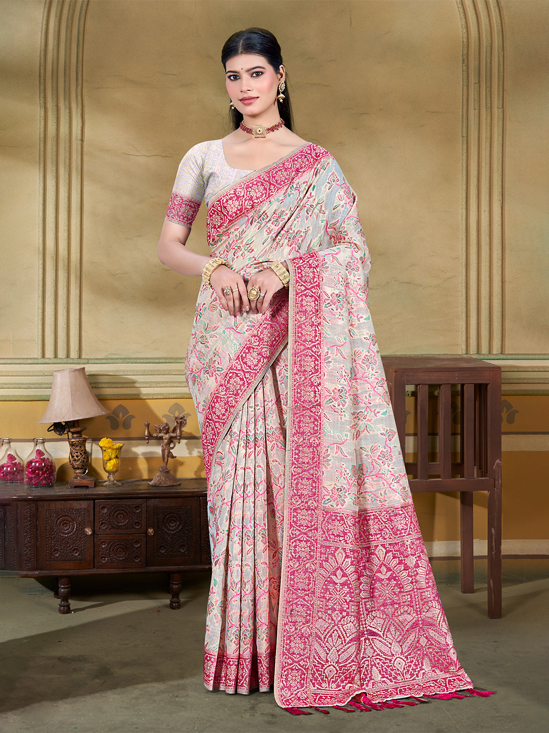 Women's Cream Cottan Silk With Meena Woven Work Traditional Saree