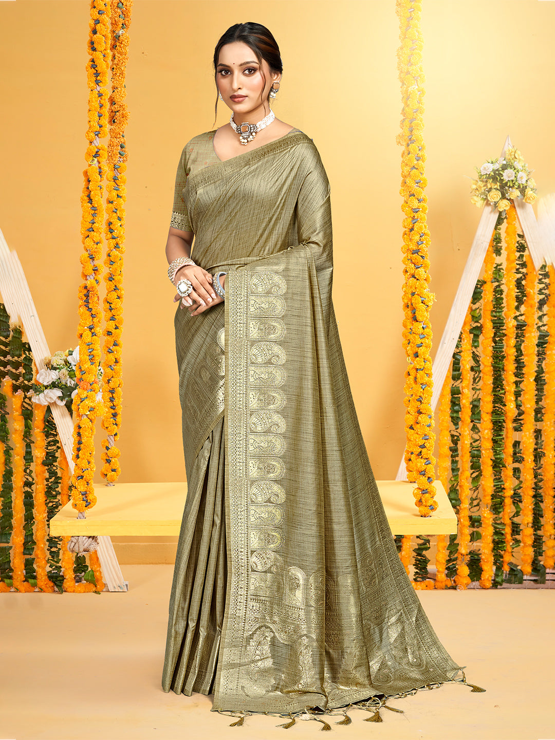 Women's Beige Assam Silk Woven Work Traditional Saree
