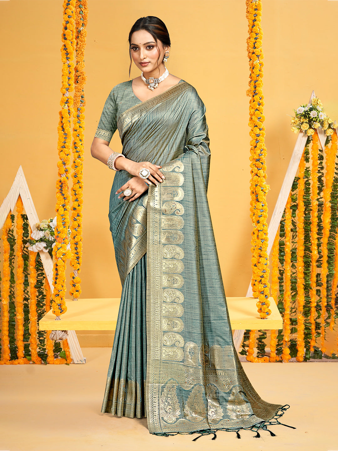 Women's Teal Assam Silk Woven Work Traditional Saree