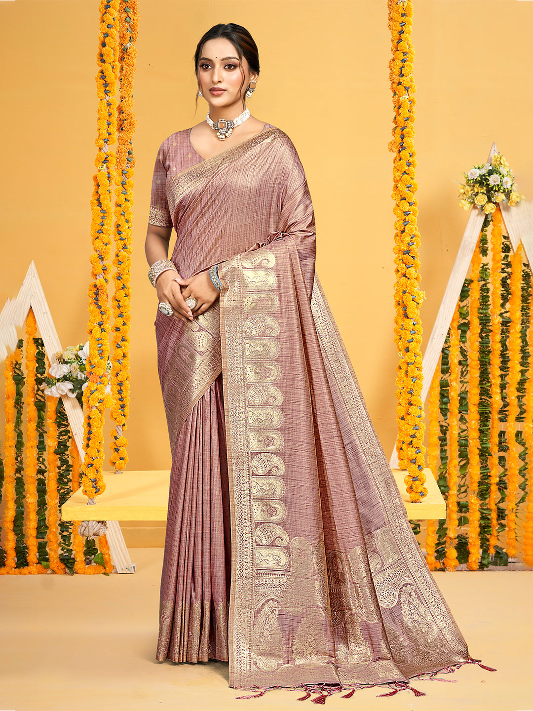 Women's Mauve Assam Silk Woven Work Traditional Saree