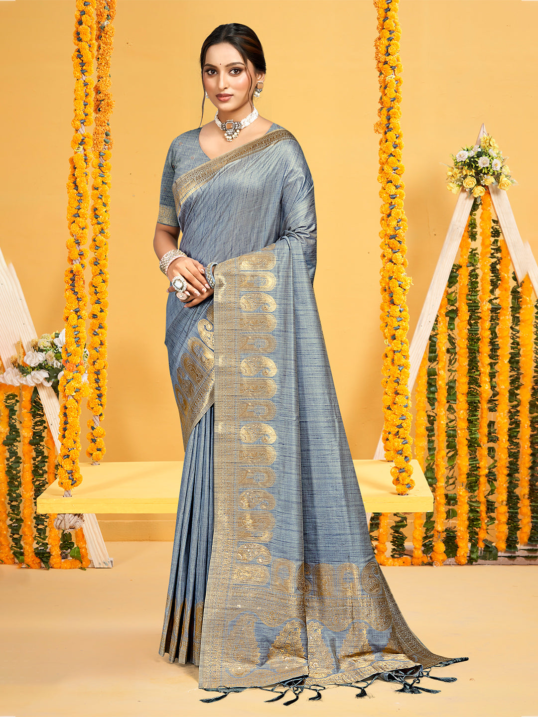 Women's Grey Assam Silk Woven Work Traditional Saree