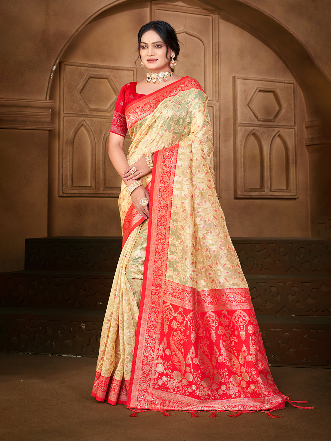 Women's Cream Silk Woven Work Traditional Saree